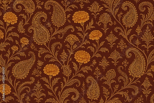 Opulent Maroon and Gold Paisley Floral Design: A Tapestry of Mughal Elegance