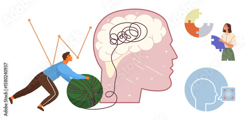Man rolling yarn toward decluttered brain with puzzle and profile elements emphasizing mental health improvement. Ideal for mental clarity, therapy, problem-solving, psychology, focus, self-help
