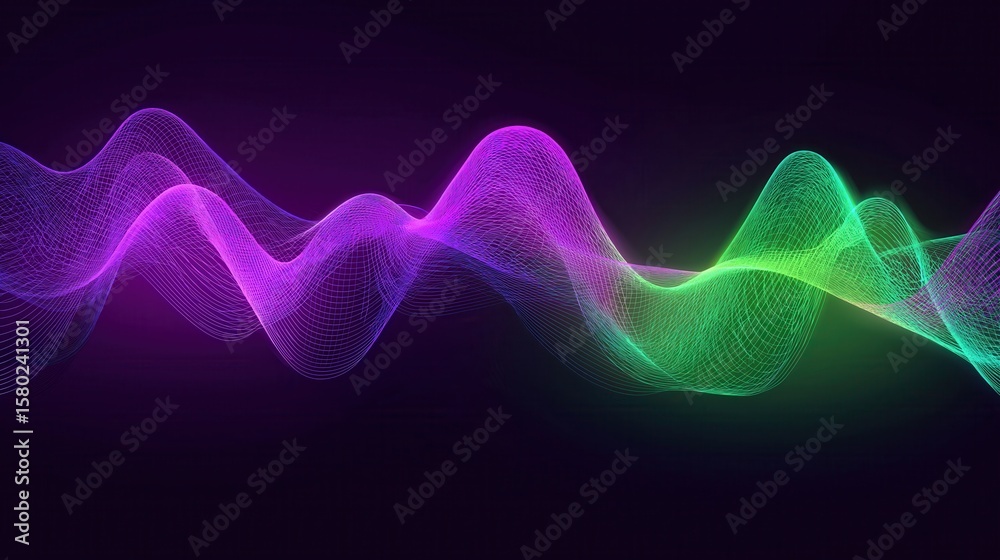 Fototapeta premium Abstract sound wave with vibrant purple and green glowing lines flowing smoothly on dark background, creating dynamic and futuristic digital energy pattern