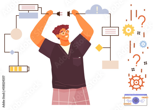Person aligning disconnected wires amidst diagram elements thumbs up gears, battery, and question marks. Ideal for innovation, technology, problem-solving, power, creativity, teamwork brainstorming