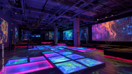 Neon-themed entertainment room, VR gaming pods, glowing floor panels, digital art projections on walls