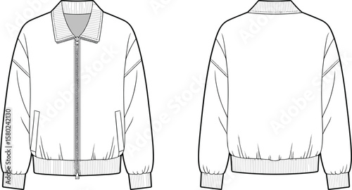 Cad drawing flat vector illustration of bomber jacket front and back view, fashion design template, apparel layout, clothing blueprint
