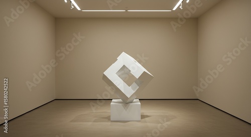 White abstract geometric sculpture on pedestal in an empty modern art gallery room with track lighting