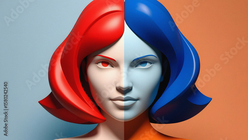 Red blue split face portrait woman