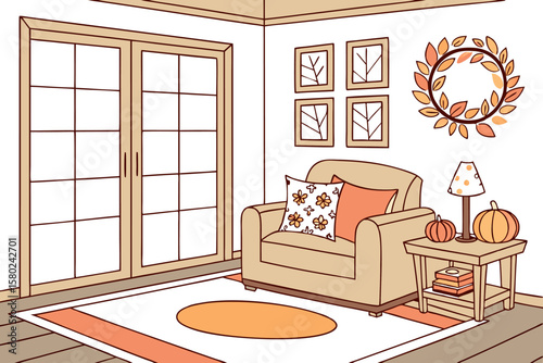 Illustration of a cozy living room with an armchair, pumpkins, and fall decorations on the wall