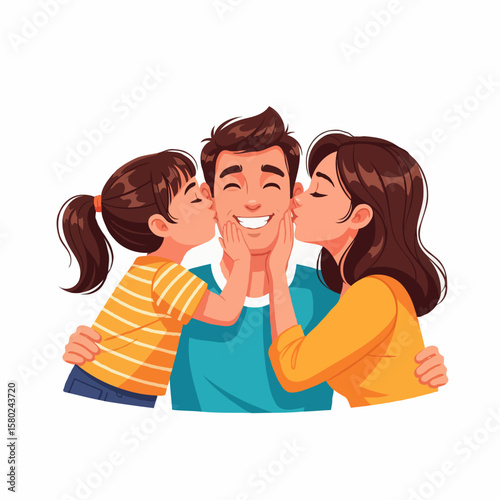 Mother and Daughter Kissing Father's Cheeks with Love, Joyful Family Moment
