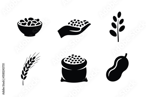 Bowl of beans hand holding beans stalk of grain ear of wheat sack of beans peanut