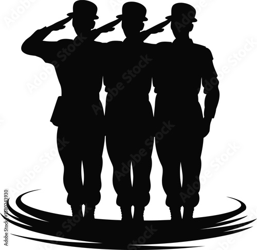 Silhouette of Three Soldiers Saluting, Military Tribute Vector.
