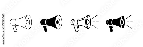 Set of Four Megaphone Icons. Simple and Loudspeaker Designs with Sound Waves
