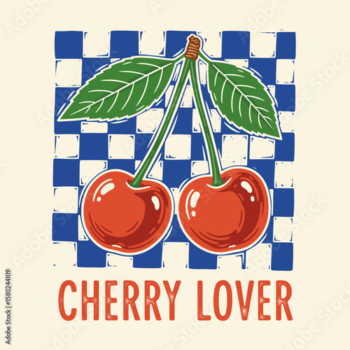 Sweet cherry artwork. Cherry fruit print. Organic food artwork for for t-shirt. Fruit vintage t-shirt design. Start fresh day. Have a nice day.