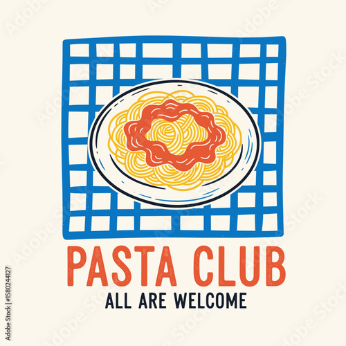 Pasta plate with tomato sauce artwork for t shirt print, poster, sticker and other uses. All are welcome. Pasta t shirt design. Noodles artwork