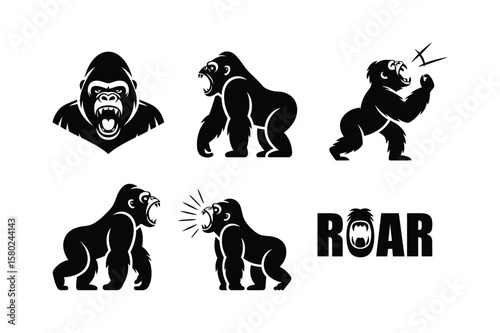 Furious gorilla roaring and aggressive ape silhouettes vector