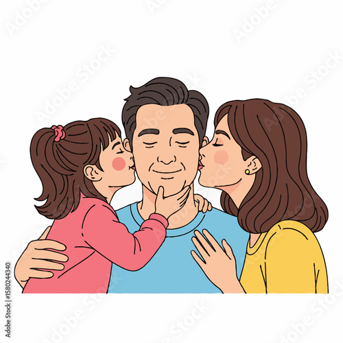 Mother and Daughter Kissing Father's Cheeks with Love, Joyful Family Moment