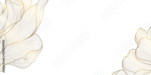 Vector art deco leaves, swirls organic shape frame. Line floral abstract frame, golden corners for decoration. Wedding template, copper ornament, package illustration.