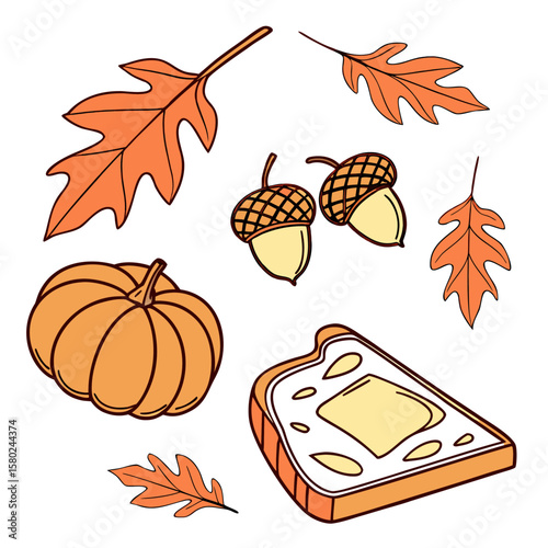 Illustration of a pumpkin, toast with butter, acorns, and autumn leaves on a white background scene
