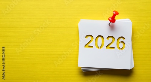 Year 2026 cut out on white paper with red pushpin