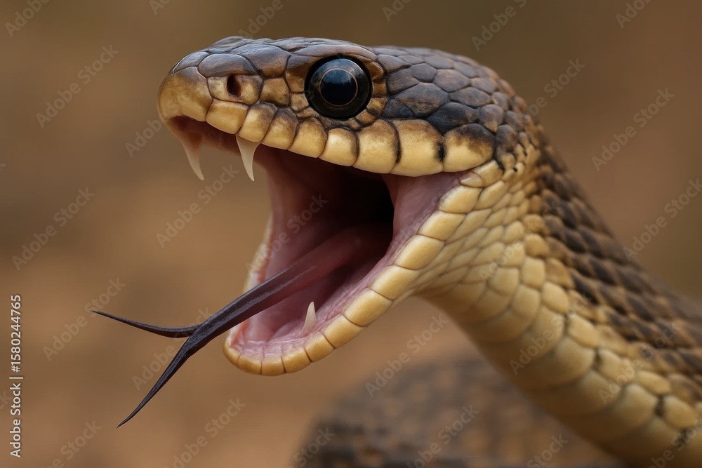 The fierce gaze of a rattlesnake reveals its predatory prowess in this close-up shot The fierce gaze of a rattlesnake reveals its predatory prowess in this close-up shot