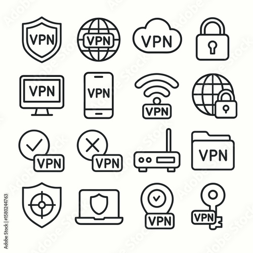 VPN Icons Set: Security, Network, Protection, and Privacy Symbols