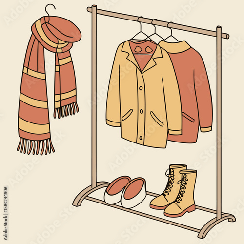 Illustration of a clothes rack with hanging coats, a scarf, and shoes on the bottom shelf display
