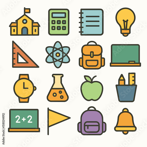 School Supplies Icon Set: Education, Learning, and Back to School Essentials. Generated image