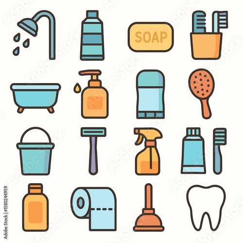 Bathroom and Hygiene Icons: Shower, Soap, Toothbrush, Toilet Paper, and More