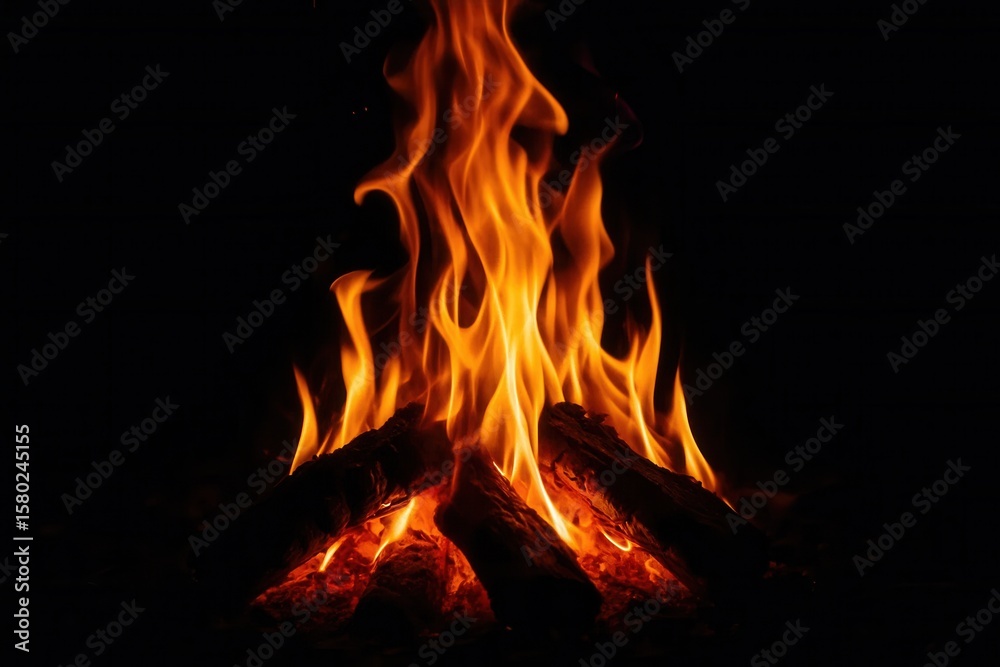 The fiery spectacle of a campfire burning bright against a black canvas The fiery spectacle of a campfire burning bright against a black canvas