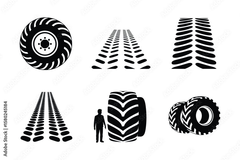 Fototapeta premium Tractor tire tread patterns and silhouette tire tracks tire impression