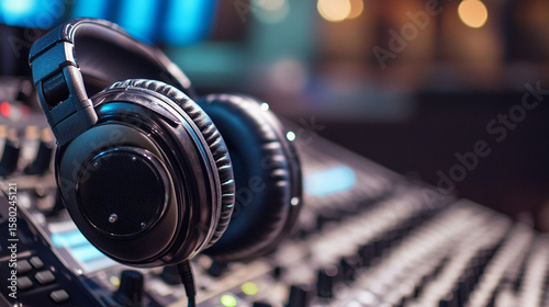Detailed close-up of headphones with translation console interface in foreground, interpreter blurred in background