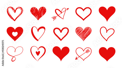Red Hearts: A vibrant display of various red heart icons, each uniquely crafted with artistic flair, perfectly encapsulating the essence of affection, love, and romance.