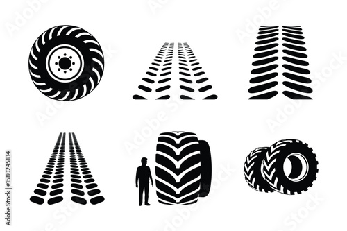Tractor tire tread patterns and silhouette tire tracks tire impression
