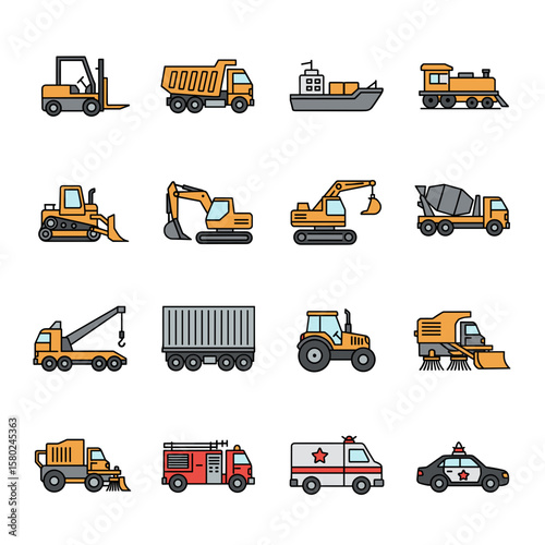 Collection of Transportation and Construction Vehicle Icons: Forklift, Dump Truck, Excavator, Crane, Tractor, Ambulance, and More
