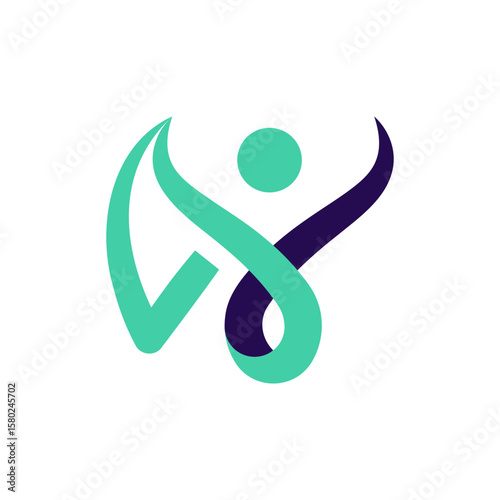 A dynamic and abstract logo depicting a stylized figure with raised arms, formed by flowing ribbons in teal and dark purple, with a circular head