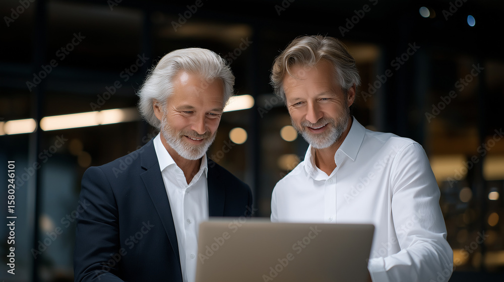 Fototapeta premium Senior Professionals Collaborating on a Project with Laptop in Office