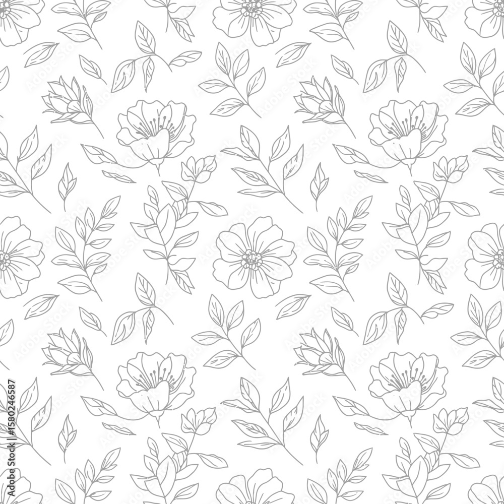 Fototapeta premium Seamless botanical pattern with hand-drawn linework flowers and leaves