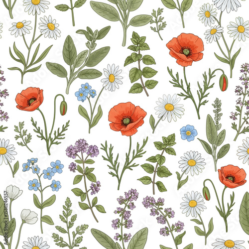 Seamless vector pattern featuring hand-drawn poppies, daisies, forget-me-nots, sage, mint, and oregano
