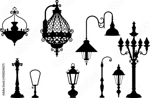 A collection of vector art featuring various vintage streetlights in black silhouette against a white background. These decorative lampposts are likely intended for use as icons.