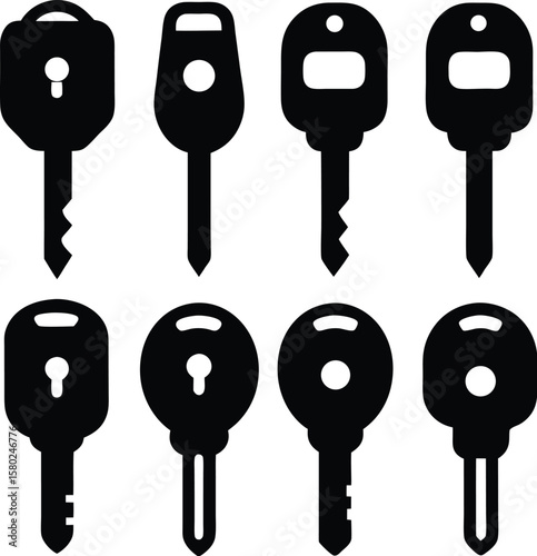 Vector art of silhouettes of various keys isolated on white background
