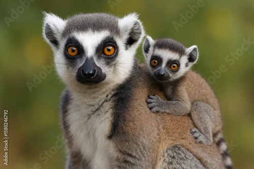 A tender moment captured as a young lemur clings to its mother in the lush embrace of nature