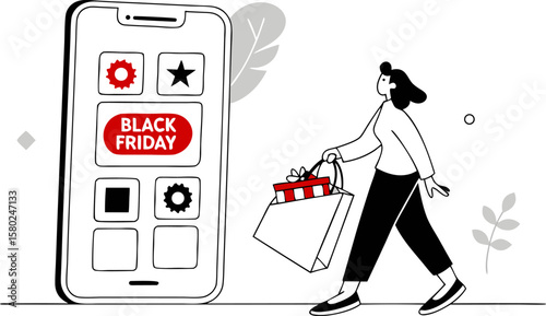 Woman walking with shopping bags after viewing black friday deals on her mobile phone application today
