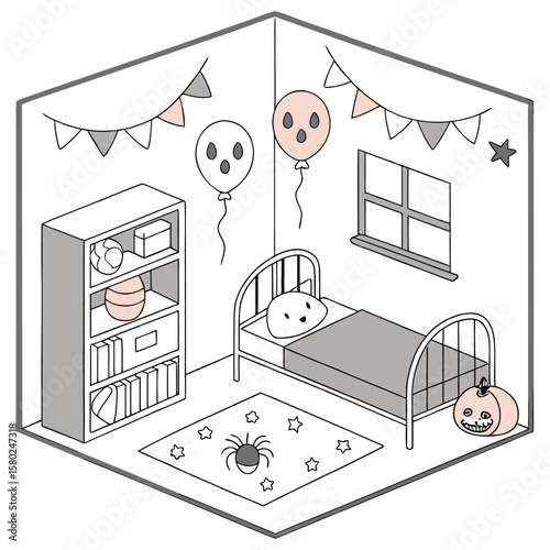 Isometric view of a halloween themed bedroom with balloons bed bookcase and spider on a star rug design