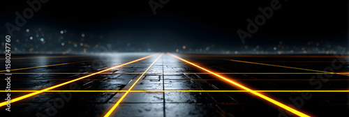 Perspective view of illuminated grid against a dark background