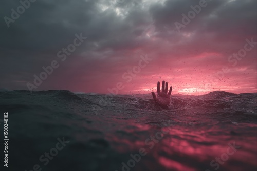 Hand reaching out from turbulent sea under ominous sky