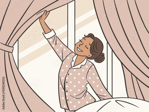 the woman woke up in a good mood and opens the curtains on the window