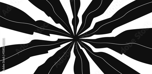 Abstract wavy radial lines on black background. Flash explosion radial lines abstract comic book, anime style. Bright white light thunder burst. Black and white vector illustration.