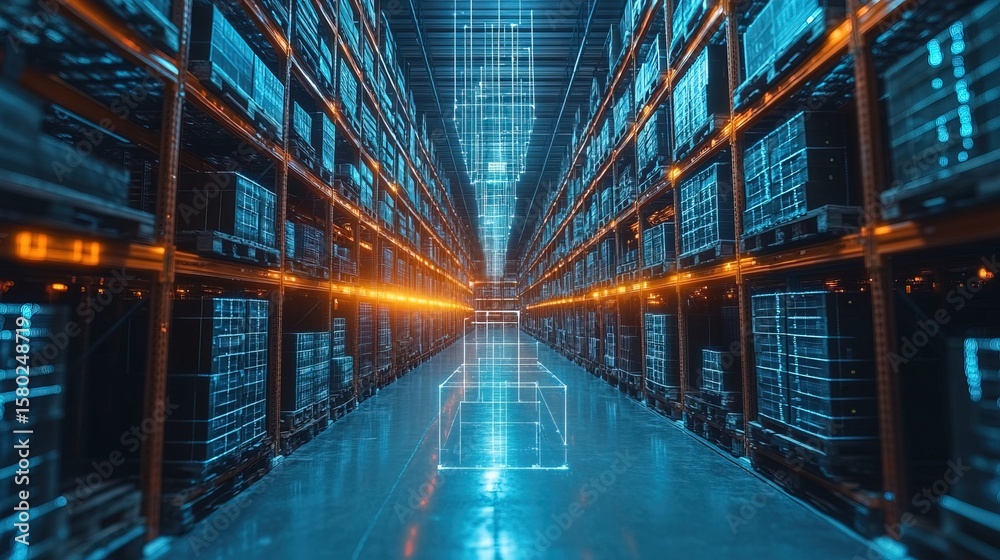 Obraz premium AI-controlled smart warehouse glowing with automated inventory sorting 