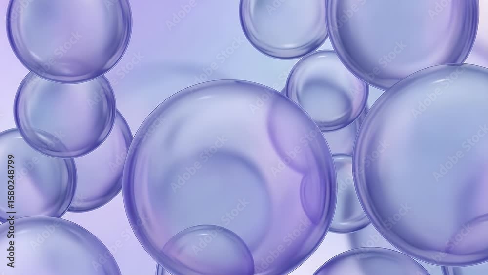 A cluster of translucent purple bubbles against a light purple background