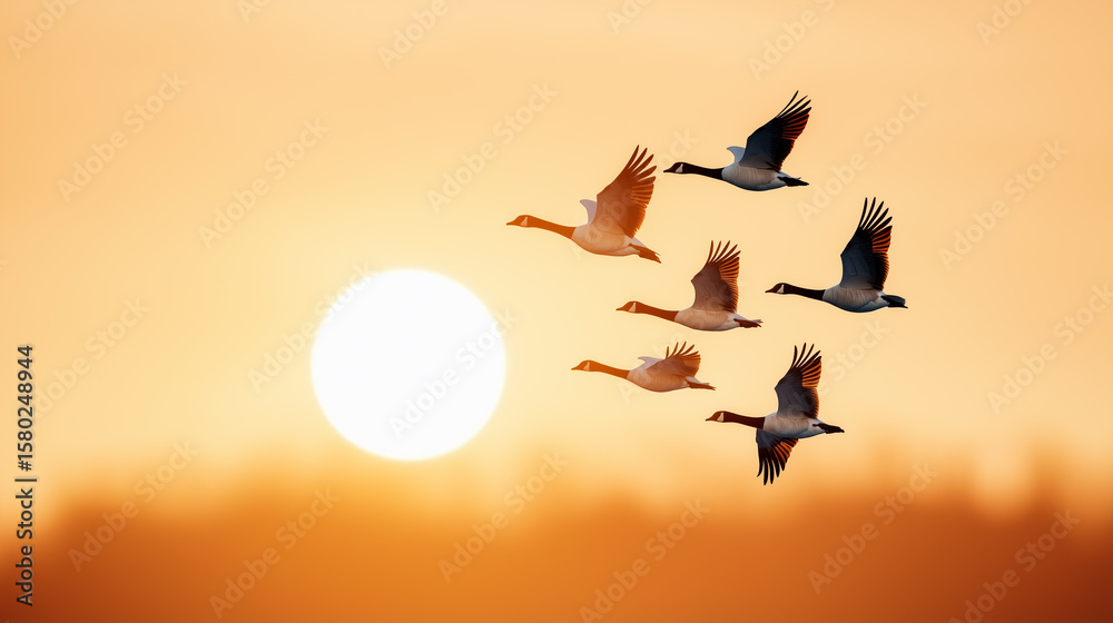 Fototapeta premium Overhead shot of a flock of geese flying in a V-formation during migration with a golden sunset in the background.