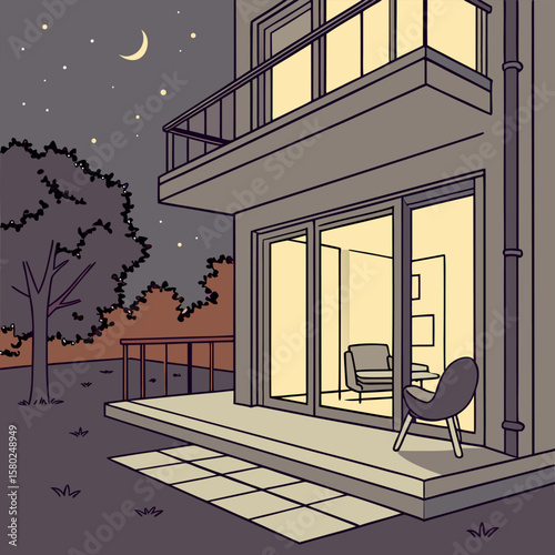 Illustration of a modern house with balcony and patio at night with moon and stars in the sky view outside