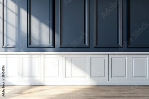 Classic interior design with dark blue and white paneled walls.