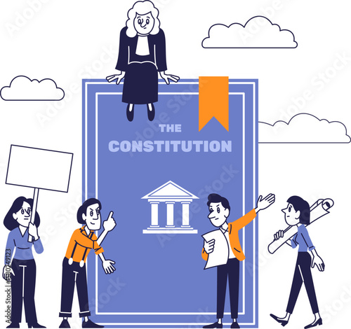 Citizens discussing and defending the Constitution. People interacting with a large law book symbolizing civil rights and justice.